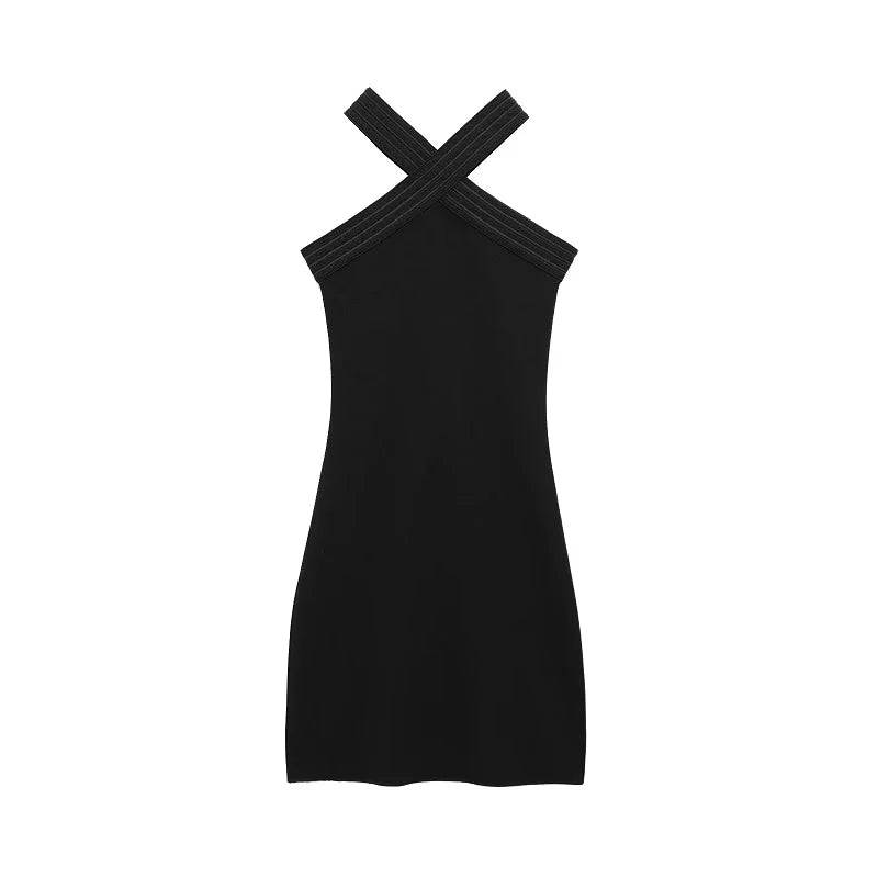 Women's Solid Black Halter Mini Dress | Elegant Sleeveless Backless Party Evening Dress | Slight-Stretch Slim-Fit Spring Summer Sheath Dress Luxegan