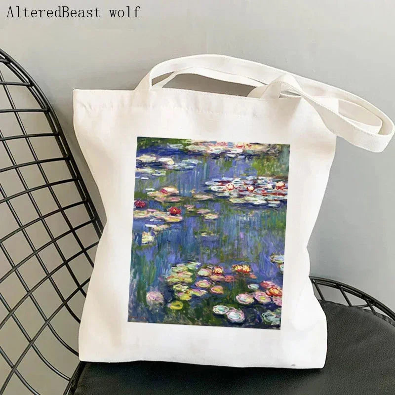 Monet Water Lilies Canvas Shoulder Bag | Sophisticated Kawaii Harajuku Shopping Tote | Elegant Art-Inspired Shopper Handbag | "Dignified" Durable Square Purse for Versatile Daily Styling Luxegan