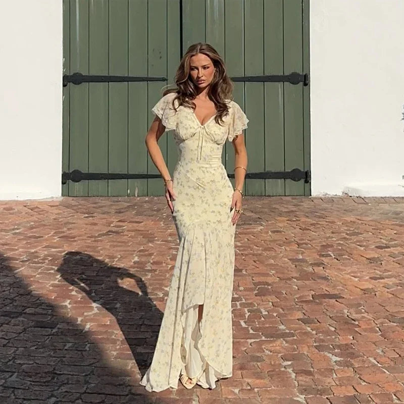 Flutter Sleeves Slim Long Dress Women Casual Pleated Deep V-neck Floral Print High Waist Dresses 2026 Lady Summer Holiday Wear