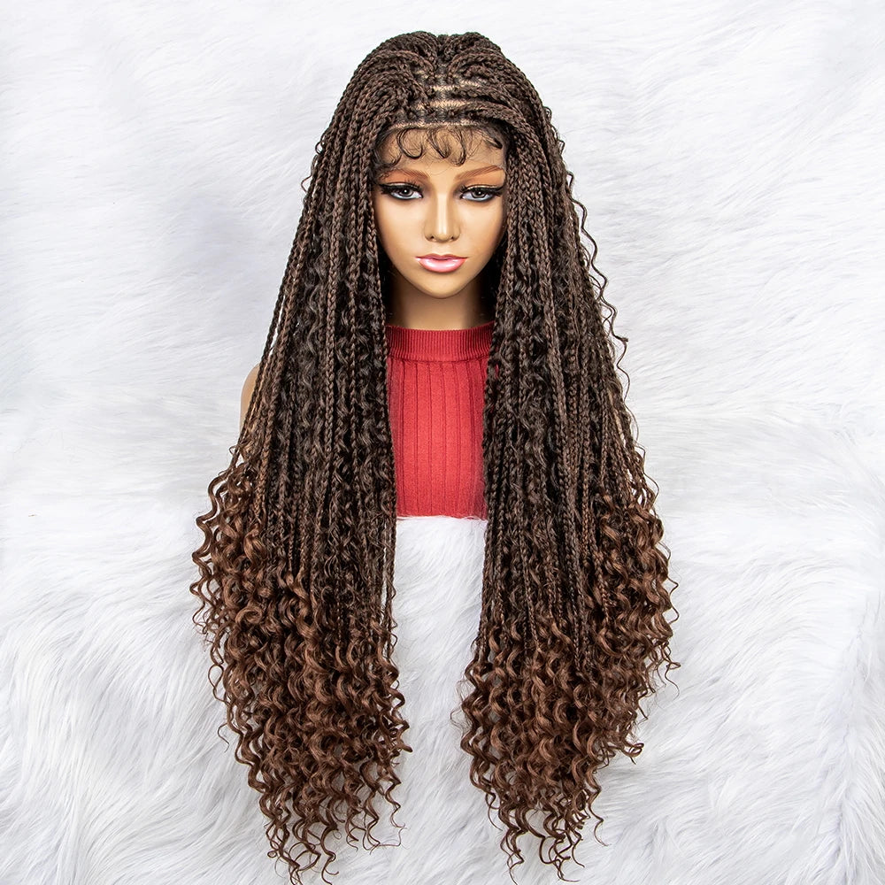 Curly End Box Braids Lace Frontal Wig with Baby Hair | Synthetic Full Lace Braided Wig for Black Women Luxegan