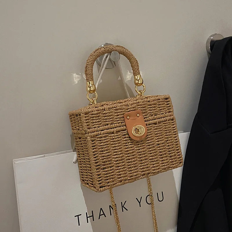 Hard Straw Woven Box Crossbody | Bohemian Chain Beach Bag Luxegan