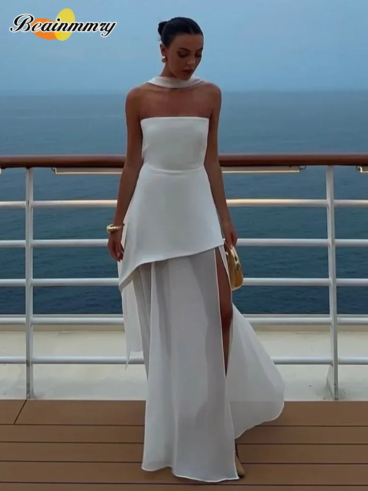 Elegant White Mesh Splicing Slim Women Strapless Dress Chic Scarf Neck Off Shoulder High Waist Long Dresses Lady Party Robes