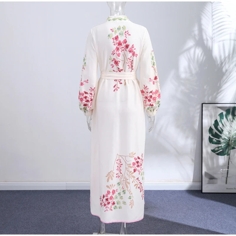 Print & Solid Stand Collar Full-Length Lantern Sleeve Tassel Detail Regular Fit A-Line Ankle-Length Dress – Empire Waist, Spring/Summer Luxegan