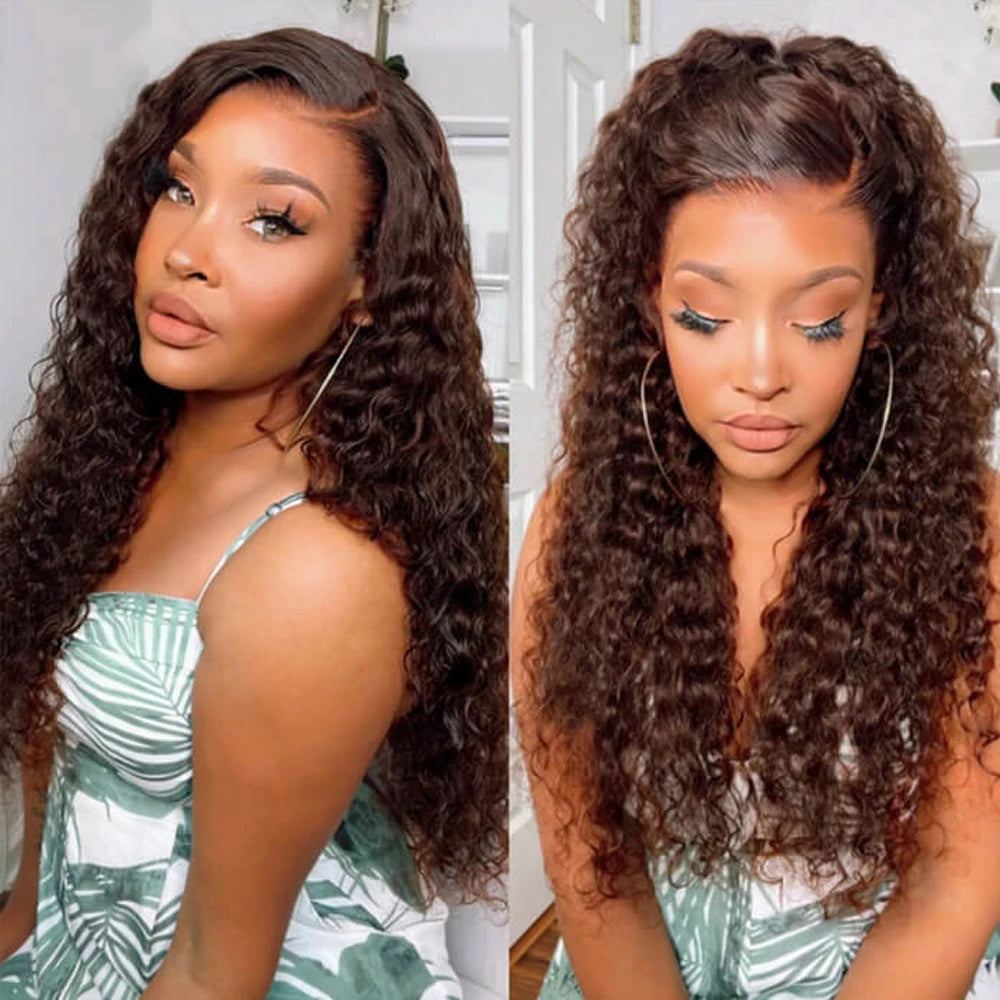 Chocolate Brown Deep Curly Frontal Wig | Sophisticated 13x6 HD Lace Frontal | Elegant Water Wave Brazilian Human Hair | "Dignified" 30–38 Inch Long Remy Hair for Radiant Versatile Styling Luxegan