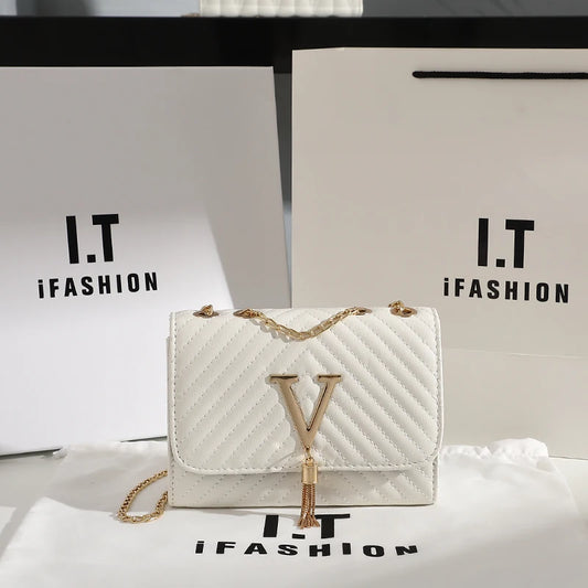 Luxury Embroidery Women’s Crossbody Bag | Sophisticated Thread & Sequined Flap Handbag | Elegant Geometric Pattern Shoulder Bag | Fashion-Forward Party Clutch with "Dignified" Tassel & Chain Accents Luxegan