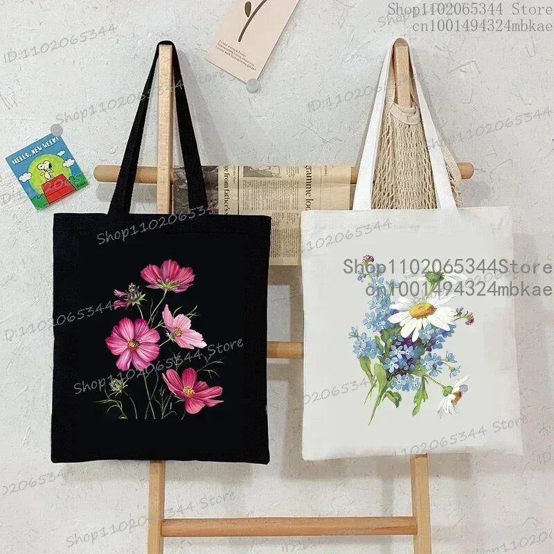 Fashion Canvas Tote Bag Oil Painting Wildflowers Print Lady Shoulder Shopping Bag | Plant Style Daisy Vintage Flower Women Handbag Luxegan