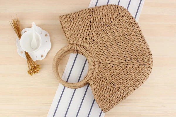Summer Handmade Moon-Shaped Bag | Women's Woven Straw Bag & Top-Handle Tote Luxegan