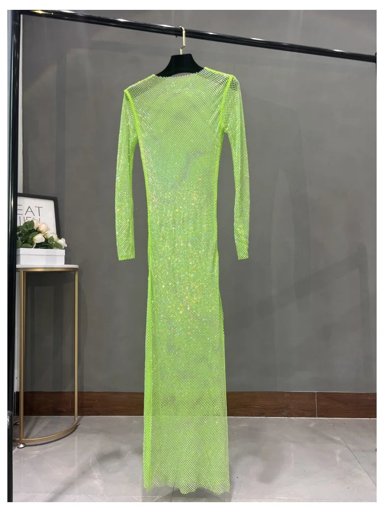 Long Sleeve Rhinestone Diamond Hollow-Out Sheath Maxi Dress | Sexy Club Glam Floor-Length Gown Luxegan
