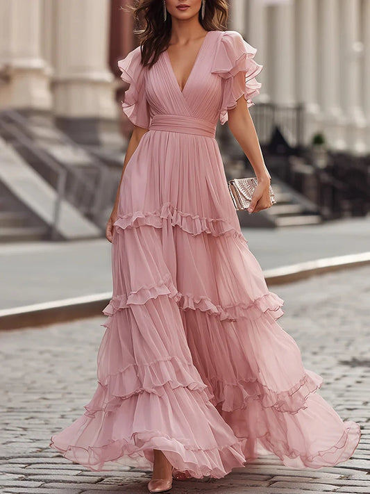 Women's Elegant V-Neck High Waist Holiday Dress | Casual Short-Sleeved Pleated Robe Dress | Spring Summer Solid Color Ruffle Party Gown | Regular Fit Ankle-Length A-Line Model 56757 Luxegan