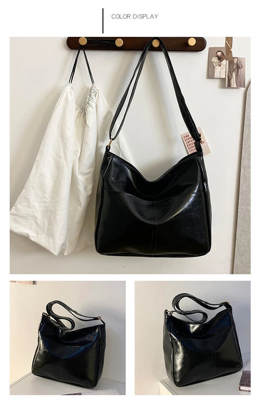 Red Large Capacity Oil Wax Leather Shoulder Bag | Bright Surface Women's New All-match Tote Bags | Casual High Quality Handbag Luxegan