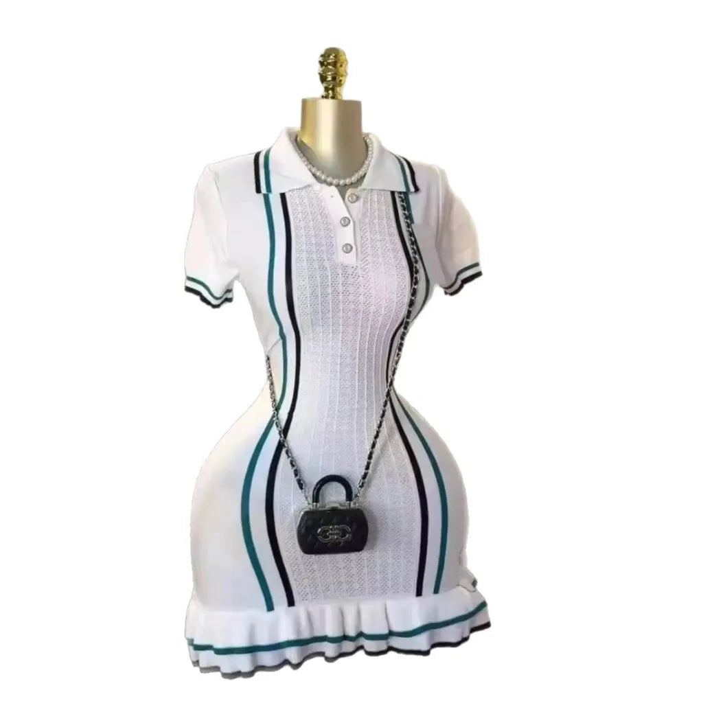 Turn-Down Collar Ruffle Knit Mini Dress | Short Sleeve Slim Sexy Streetwear Vintage Party Dress Luxegan