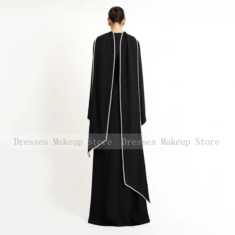 Customized Wedding Party Dress Black A Line Pearl Long Sleeves O Neck Evening Gown Long Shawl Saudi Arabian Formal Evening Dress
