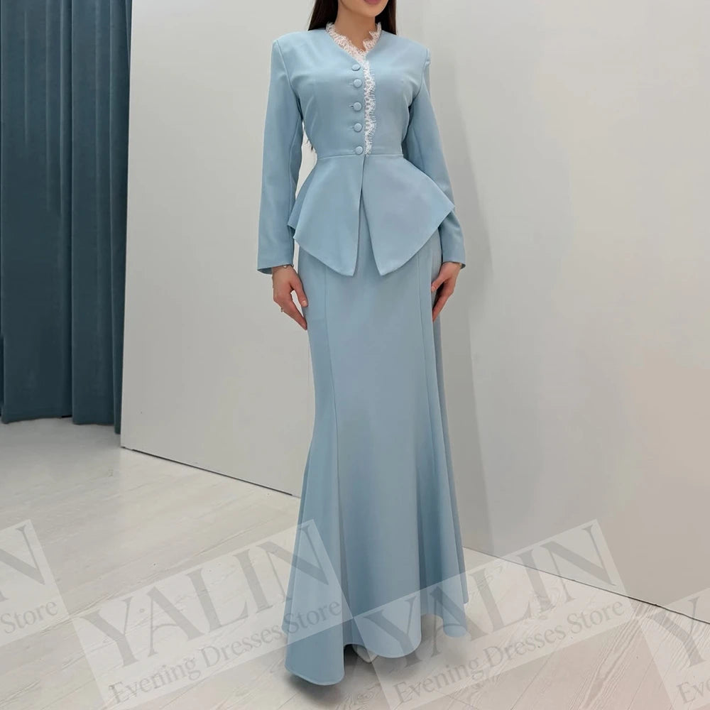 Lace A-Line Prom Dress | V-Neck Full Sleeve Ankle-Length Evening Gown Luxegan