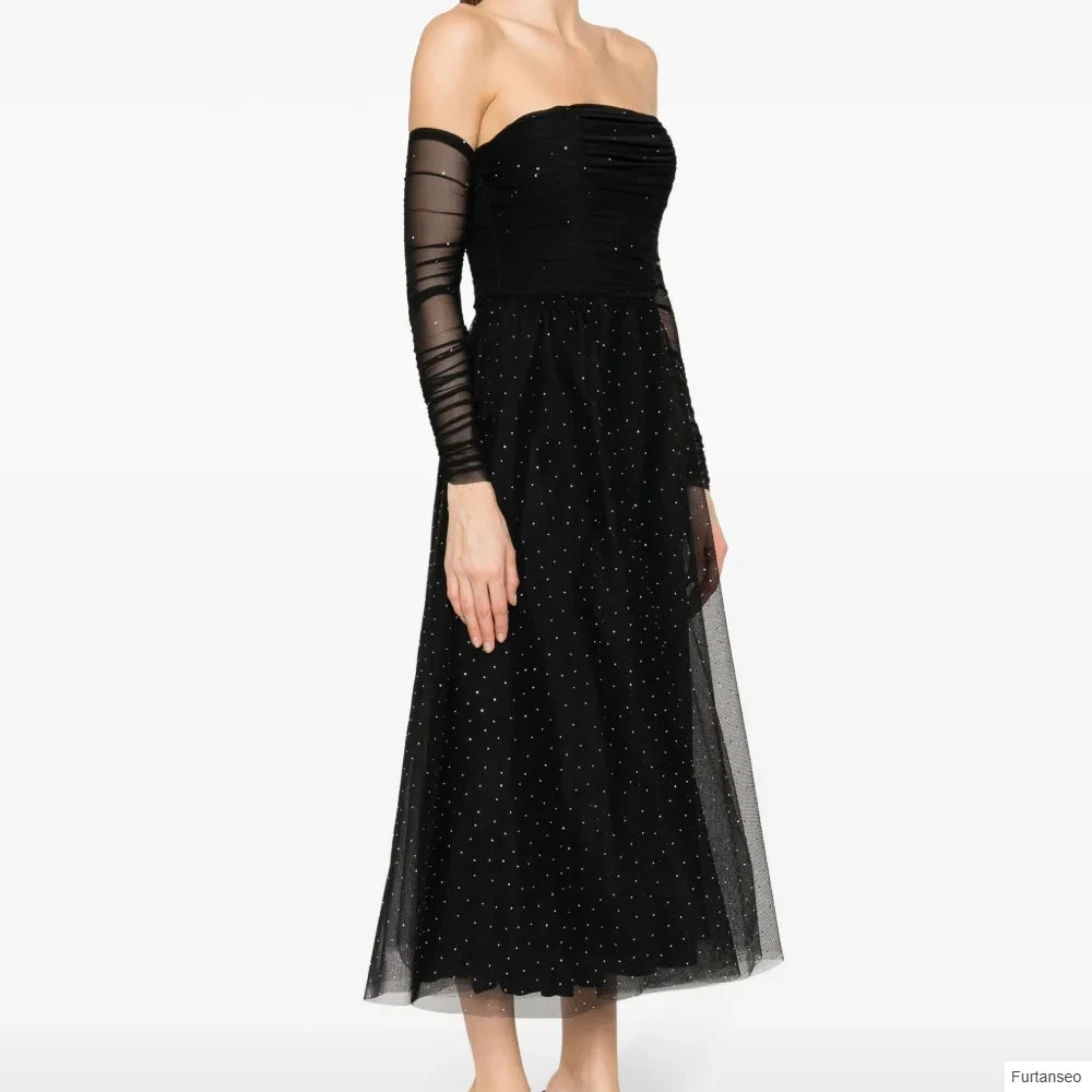 Crystal Draped A-Line Evening Gown | Strapless Full Sleeve Tea-Length Prom Dress Luxegan