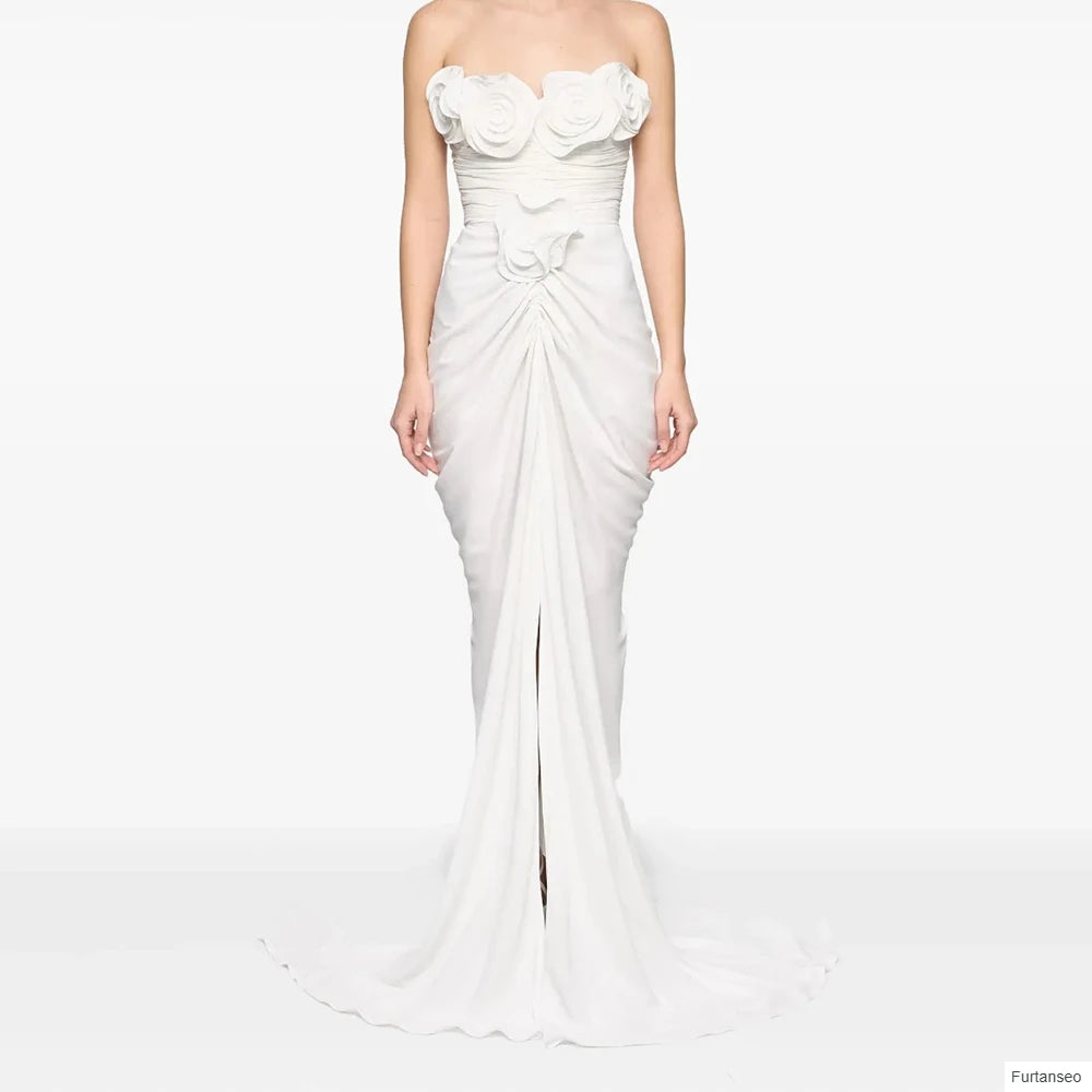  Floral Pleat Mermaid Evening Gown | Strapless Sleeveless Floor-Length Prom Dress Luxegan