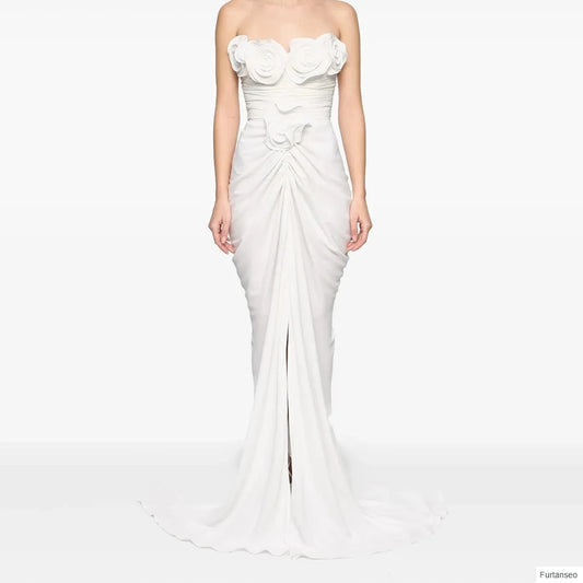  Floral Pleat Mermaid Evening Gown | Strapless Sleeveless Floor-Length Prom Dress Luxegan