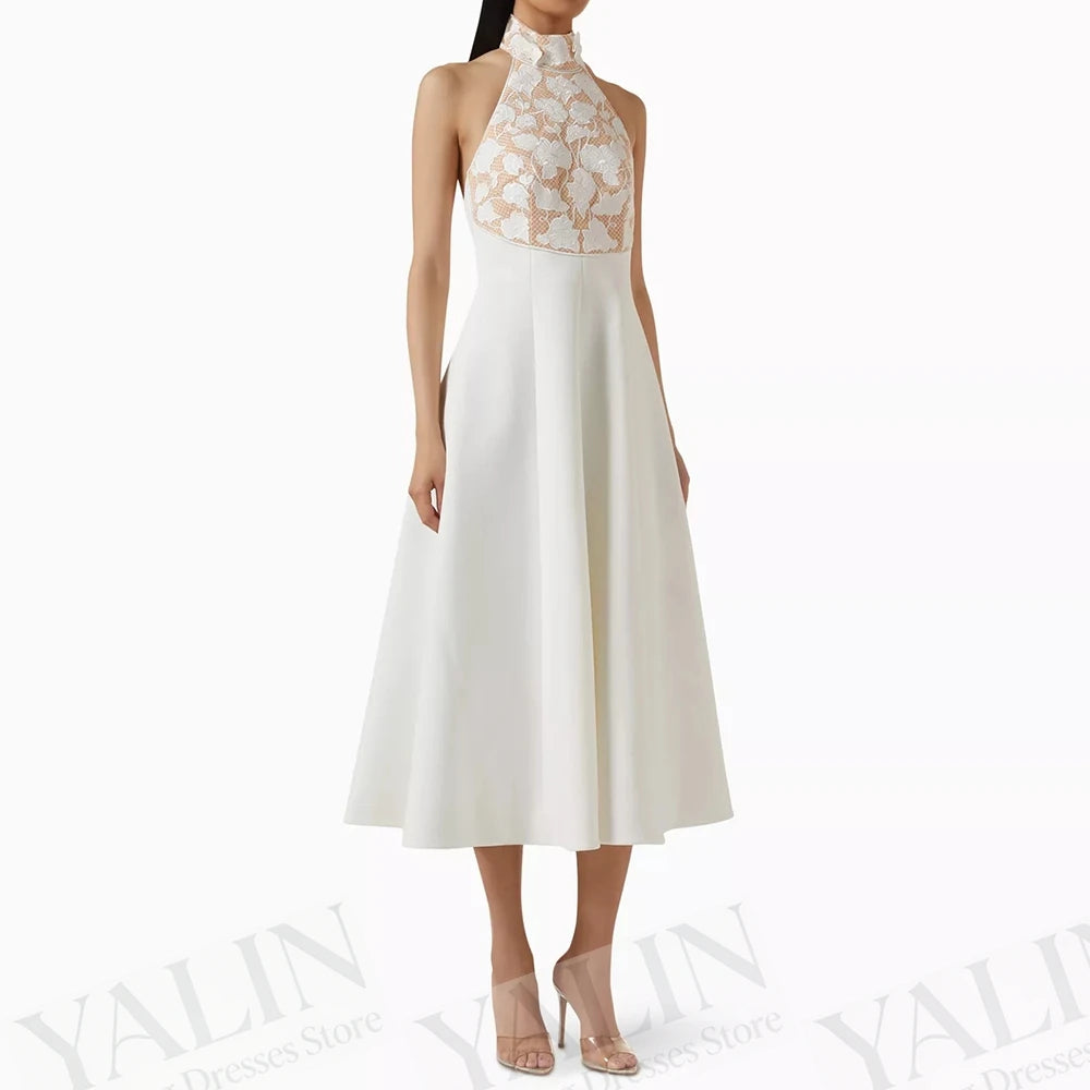 Floral Draped A-Line Evening Gown | High-Neck Sleeveless Tea-Length Prom Dress Luxegan