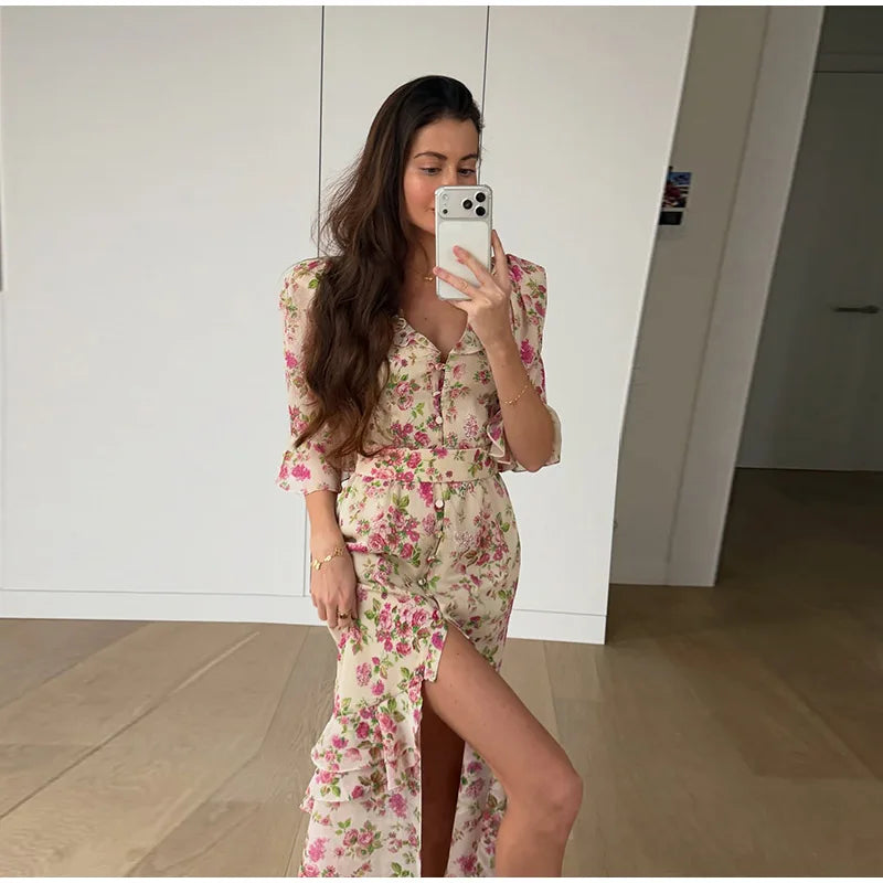 Organza Floral Printed Maxi Dress V-Neck  Puff Sleeve 2026 Spring/Summer Romantic Women Party Gown Fashion Elegant Lady Vestidos
