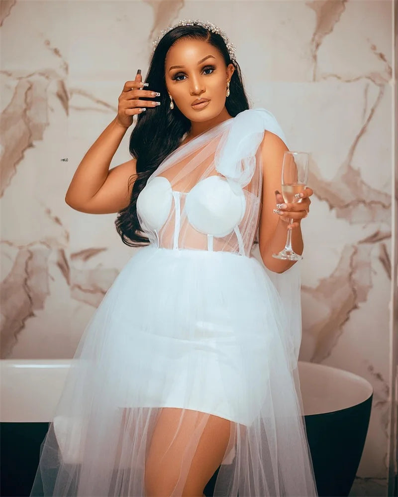 Sexy Light Blue Prom Dress for Photo Shoots | Glamorous One-Shoulder See-Through Tulle Party Gown | Elegant Full-Sleeve Floor-Length Robe De Soirée | Custom Made Simple Cotton Jersey Gala Gown Luxegan