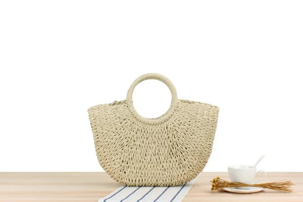 Summer Handmade Moon-Shaped Bag | Women's Woven Straw Bag & Top-Handle Tote Luxegan