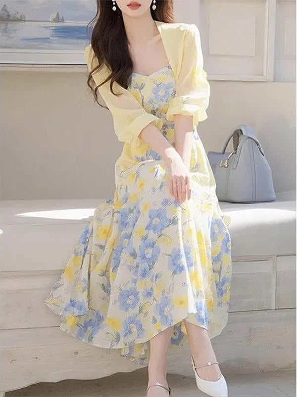 Summer Large Size Women's Faionable Sun Protection Open Cardigan Top Waist Cinching Floral Dr Gentle Wind Two-Piece Set