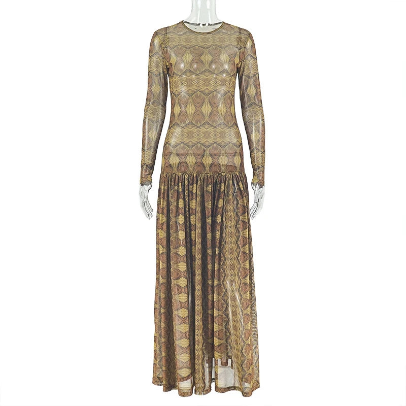 Vintage Printed Sexy See Through Mesh Women Dress Long Sleeve O Neck Slim Waist Big Hem Long Maxi Dress
