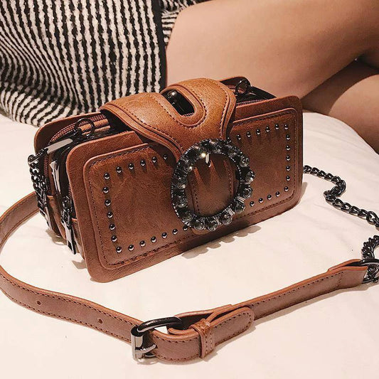 Vintage Round Rhinestone Buckle Shoulder Bag | Fashion Punk Design Top-Handle Crossbody Bag (Popular Rivets Decor Purse for Women) Luxegan