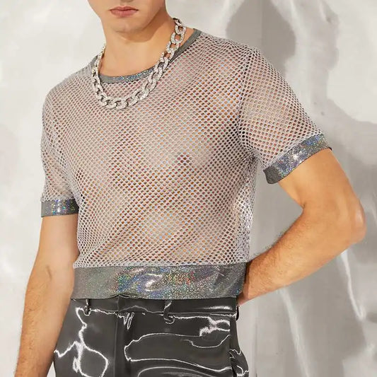 Men’s Mesh Patchwork See-Through T-Shirt | Sophisticated "Short Sleeve" Crop Top Silhouette | Elegant "Grey" Nightclub Camiseta | "Dignified" High-Performance Streetwear for Radiant Versatile Styling Luxegan