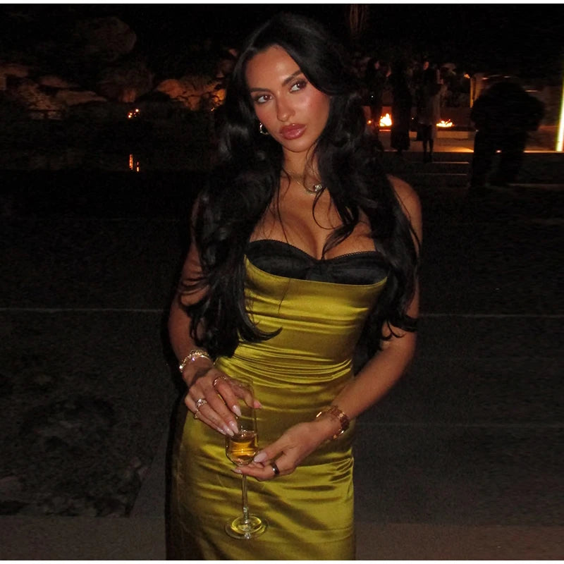 Sexy Satin Sleeveless Slip Midi Dress for Women Elegant Bodycon Evening Cocktail Dresses 2026 New Female Party Clubwear Outfit