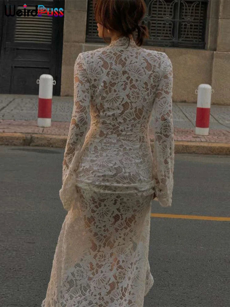 Women's Embroidery Ruffles Long Dress | Sexy Deep V-Neck See-Through Tassel Gown | Elegant Solid Color Floor-Length Straight Vestido | High Stretch Slim Fit Petal Sleeve Model K24D51295 Luxegan