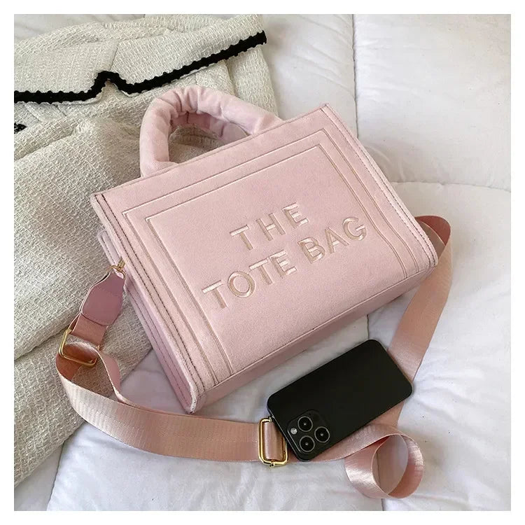 Aesthetic Velour Square Tote Bag | Elegant Letter Print Ladies Shoulder Bag | Sophisticated Felt & Velour Crossbody | Women’s Charisma Top-Handle Handbag with Interior Cell Phone Pocket Luxegan