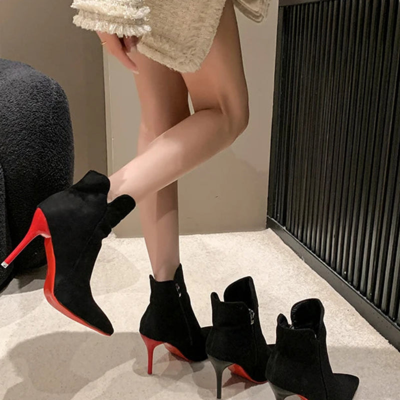 10cm Winter Stiletto Ankle Boots | Sophisticated Warm Black Flock Fashion Boots | Elegant "Handmade Zipper" Silhouette | "Dignified" Round Toe Footwear for Radiant Versatile Styling in Super Big Sizes 47–50 Luxegan