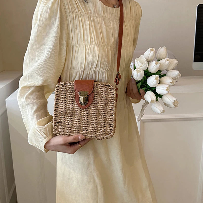 Bohemian Straw Flap Crossbody Bag | Sophisticated Small Knitting Summer Purse | Elegant Vacational Beach Handbag | "Dignified" Hard-Shell Square Bag for Versatile Seasonal Styling Luxegan