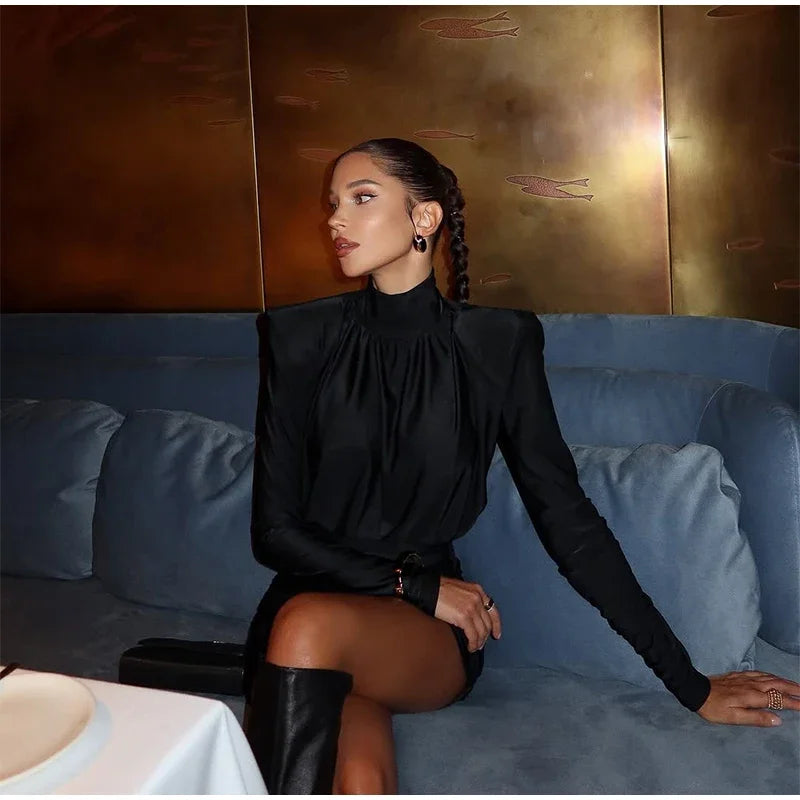 Women Black Pleated Shoulder Pad Dress Fashion Full Sleeve High Collar Slim Mini Dresses 2025 Lady Daily Commute Elegant Gowns