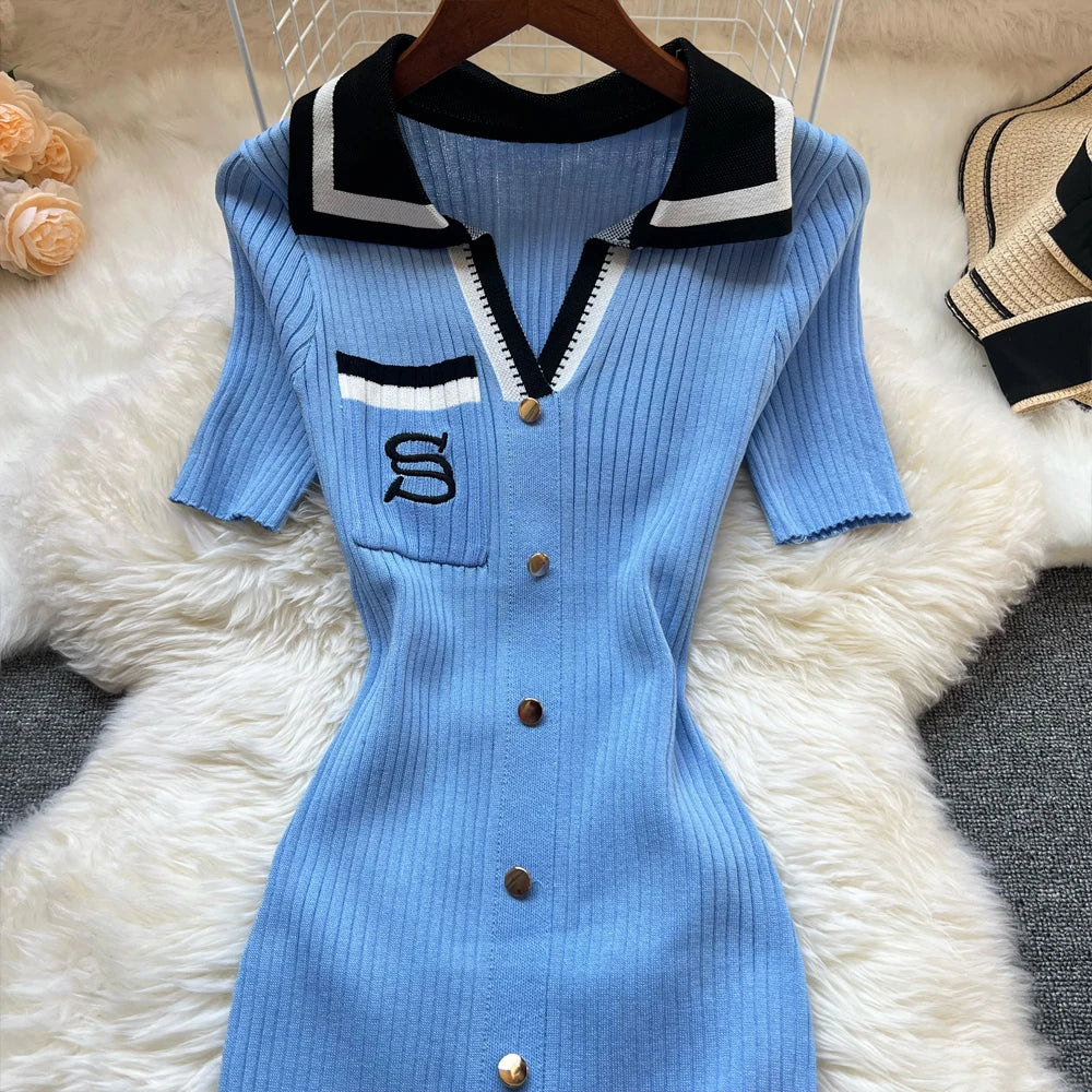 Brand Fashion Summer Knitted Bodycon Dress | Y2K Embroidered Long Sweater Dress | Short-Sleeve Turn-Down Collar Slim Streetwear Midi Luxegan