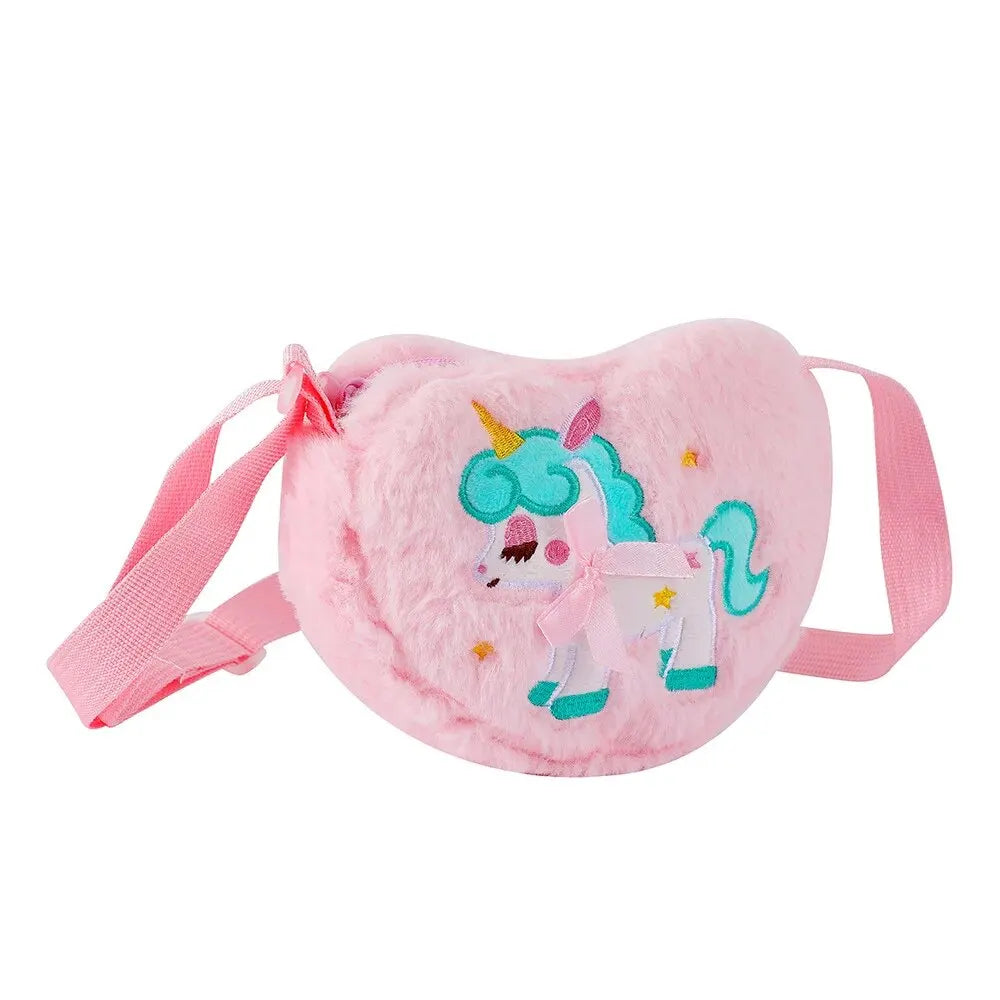 Cute Unicorn Plush Heart Messenger Bag | Girls' Faux Fur Half-Moon Crossbody | Soft Animal Print Coin Purse & Wallet | Magical Kids' Gift Small Shoulder Backpack Luxegan
