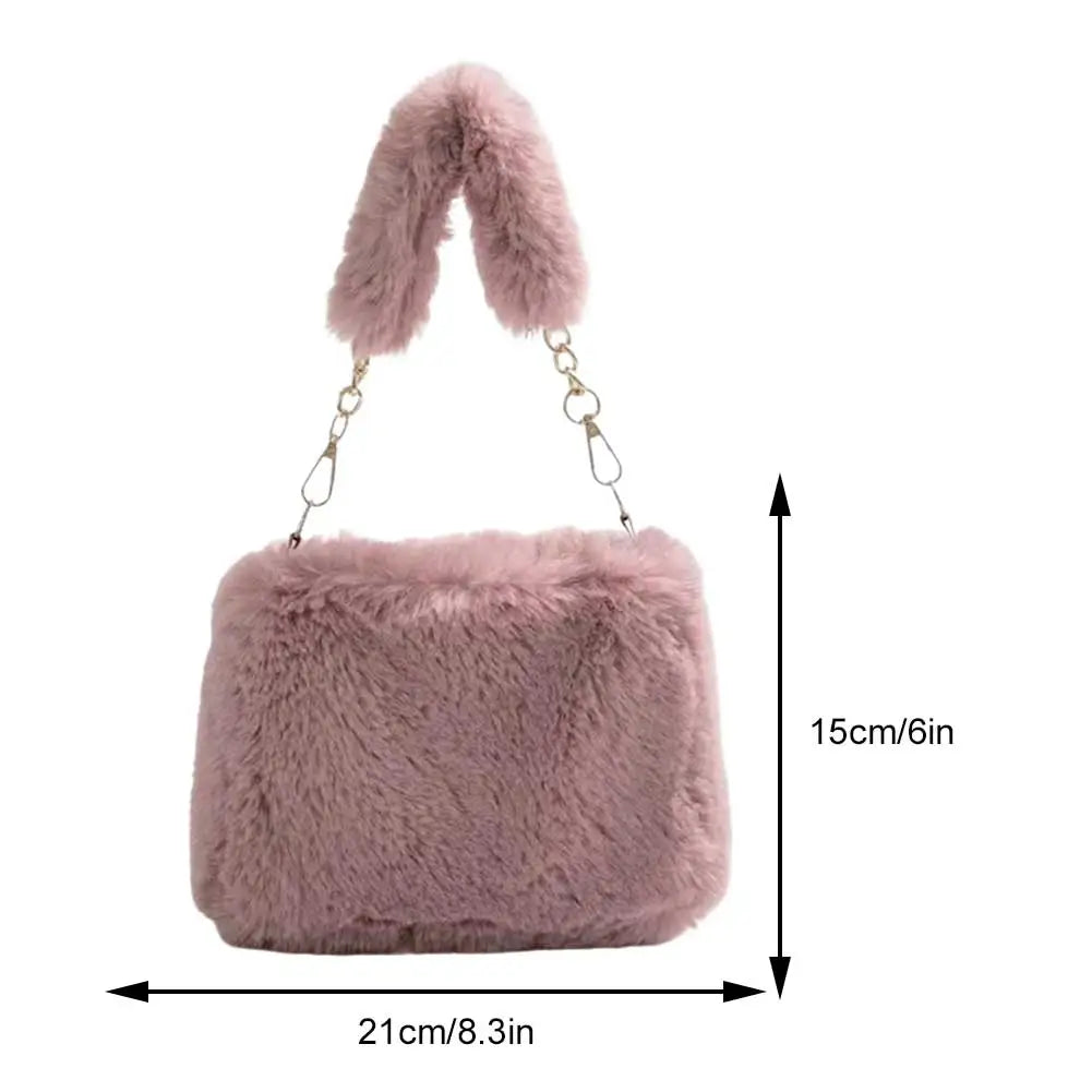 Fuzzy Plush Top Handle Bag | Soft Faux Fur Chain Crossbody Luxegan