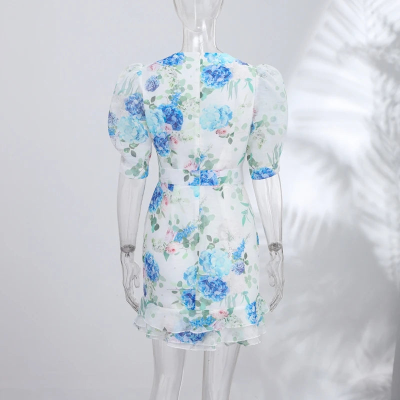 Organza Floral Printed Maxi Dress V-Neck  Puff Sleeve 2026 Spring/Summer Romantic Women Party Gown Fashion Elegant Lady Vestidos