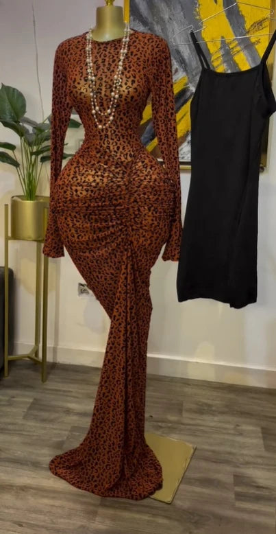 Long Sleeve Stacked Mesh Maxi Dress | Sexy See-Through Evening Gown with Premium Lining | Autumn Birthday Clubwear Bodycon Dress | Elegant O-Neck Flare Sleeve Floor-Length Pencil Robe Luxegan