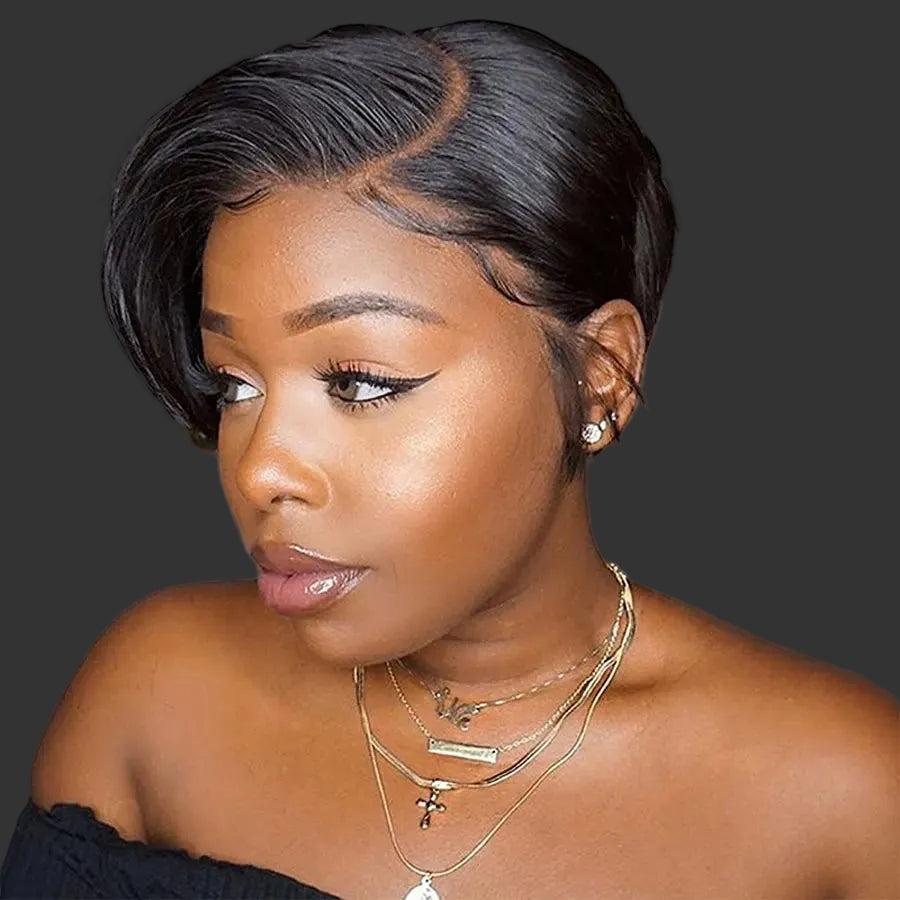 Sleek Straight Short Pixie-Cut Bob Wig | 13x4x1 T-Part Transparent Swiss Lace Frontal Wig | 100% Brazilian Remy Human Hair Pre-Plucked Glueless Bob for Women (Natural Black) Luxegan 