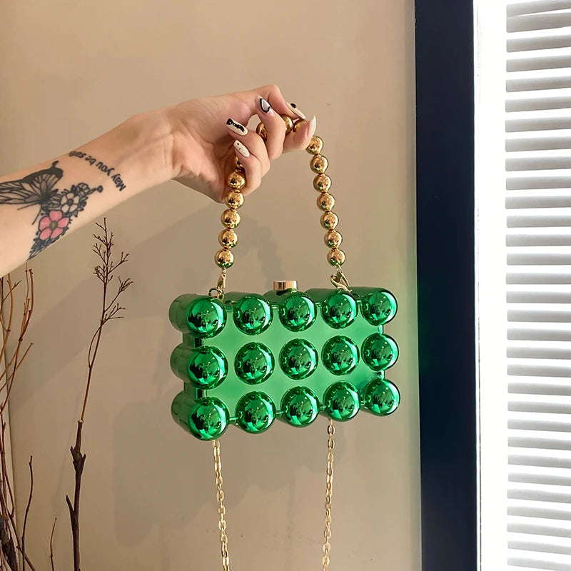 Luxury Acrylic 'Cake Box' Bag | Elegant Gold Beaded Chain Handbag Luxegan