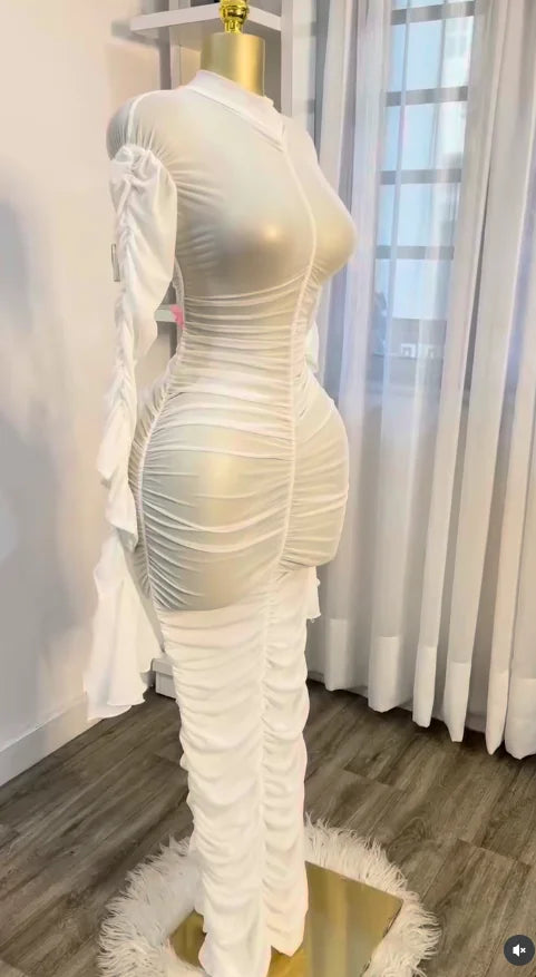 CM.YAYA Women Flare Long Sleeve Stacked Ruched Mesh See Though with Tank Dress Maxi Long Dress 2025 Birthday Sexy Party Dresses