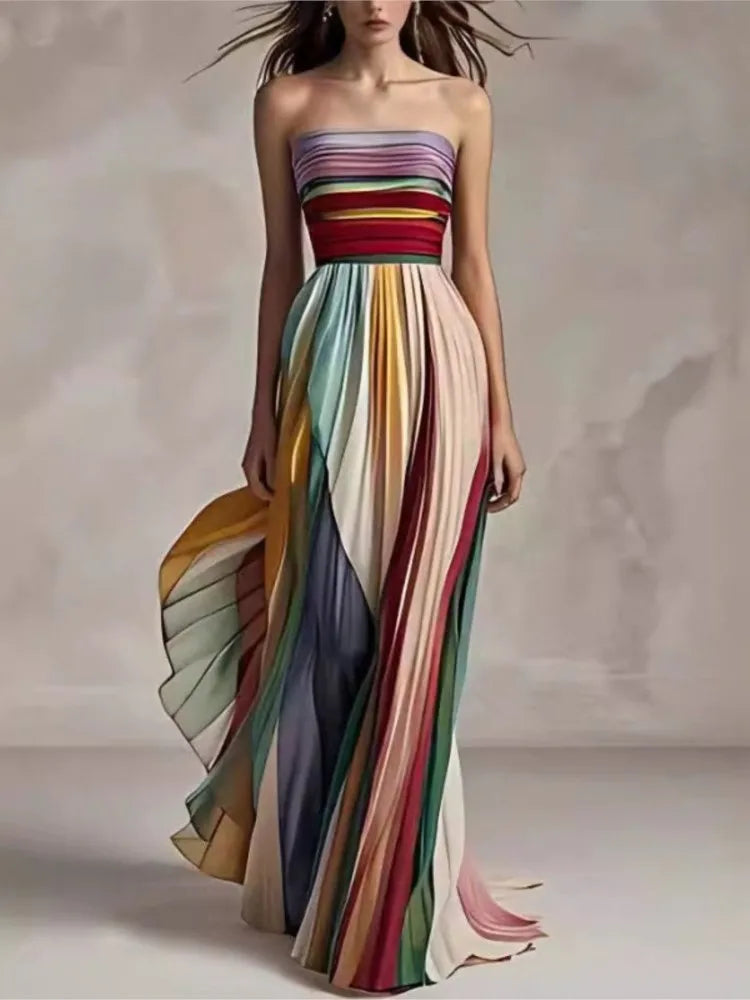 Patchwork Print Strapless Maxi Dress | Sleeveless A-Line Holiday & Party Dress Luxegan