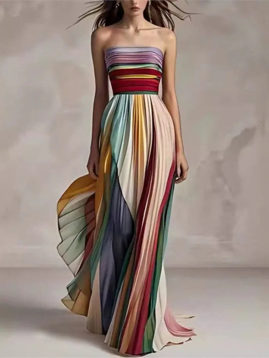 Patchwork Print Strapless Maxi Dress | Sleeveless A-Line Holiday & Party Dress Luxegan