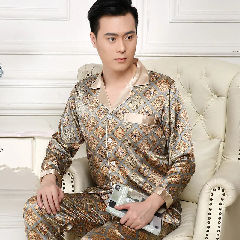 Men's Premium Ice Silk Pajama Set | Luxury Paisley Long-Sleeved Sleepwear Suit | Thin Turn-Down Collar Nightwear | Plus Size High-Quality Home Clothes Male Suit Model SY5004 Luxegan