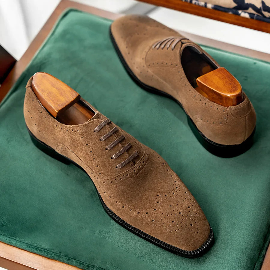 Luxury Men's Cow Suede Wedding Brogues | Sophisticated British Style Genuine Leather Shoes | Elegant "Handmade Quality" Silhouette | "Dignified" Platform Dress Shoes for Radiant Versatile Autumn Styling Luxegan