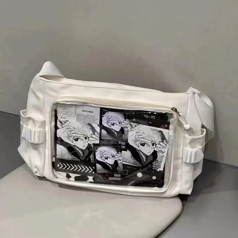 New Japan Style Transparent Display Shoulder Bag | Anime Expo DIY Decoration Crossbody | Casual Nylon Ita Bag Tote | Versatile Women's Postcard Display Messenger Bag Luxegan
