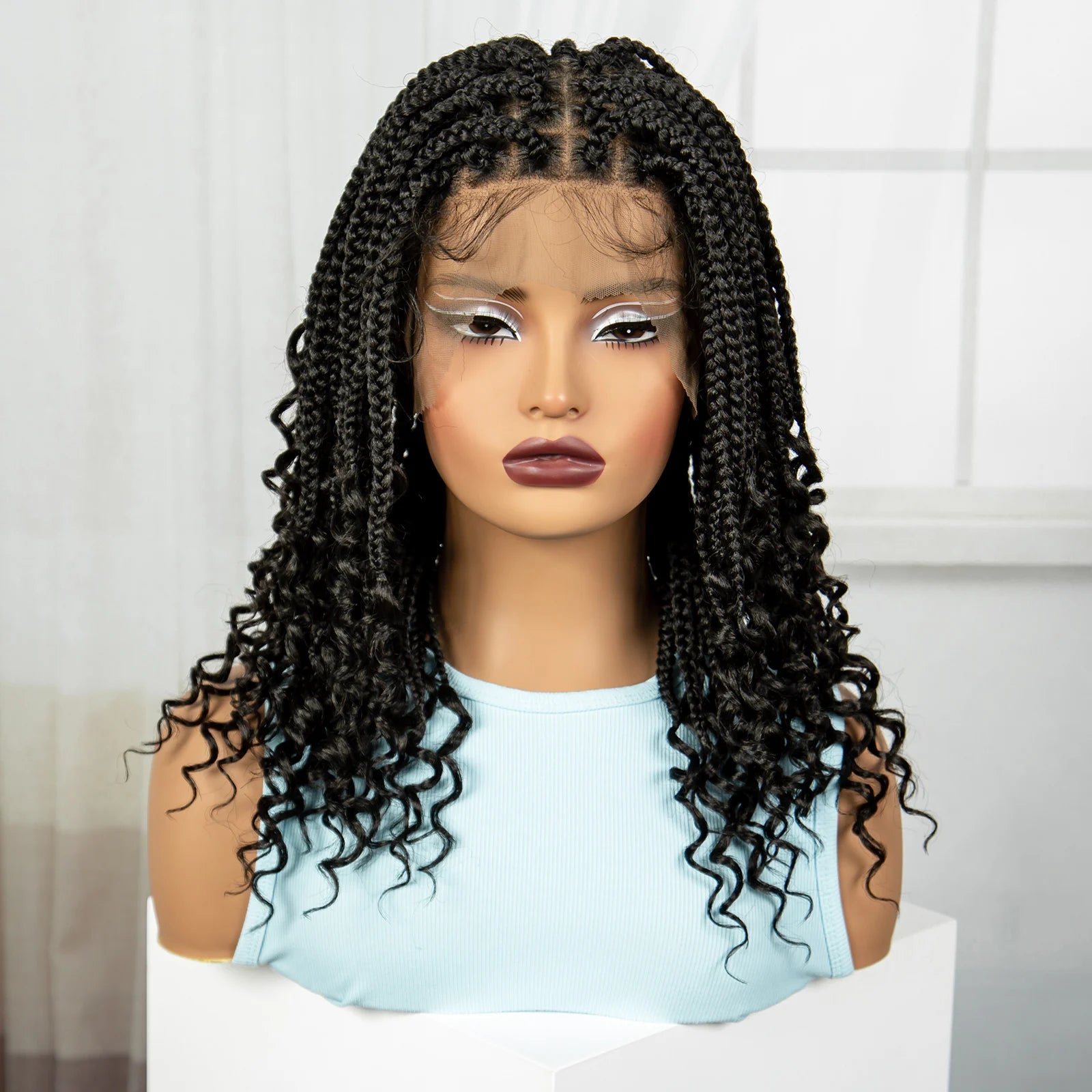 Burgundy Boho Knotless Braids Bob Wig with Curly Ends | Full Lace Luxegan