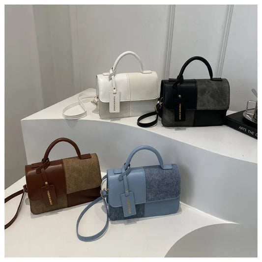 Elegant Geometric Patchwork Satchel Handbag | Vintage PU Leather Crossbody Shoulder Bag | Versatile Soft Tote with Snap Buckle Closure | Everyday Fashion Accessory for Women Luxegan