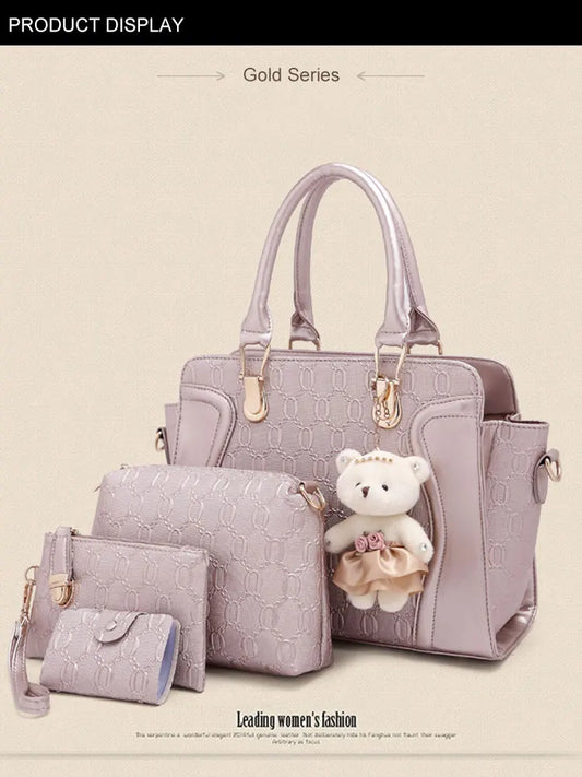 LadiesHandbag Set Top Handle Bags 4 Pieces Set inPULeather,ToteBagShoulderBagClutch andCardHolderSets forShoppingWorkTravel Gift